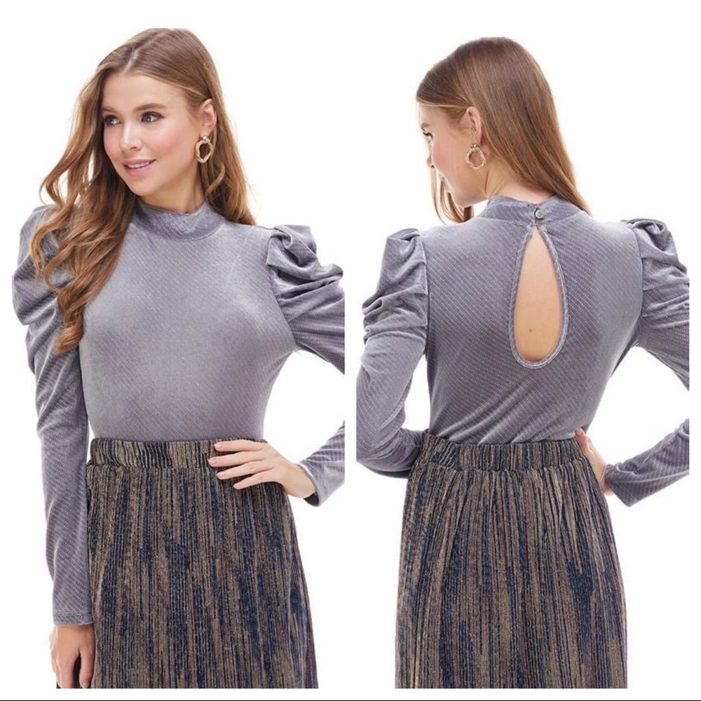 Gray Velvet Puff Sleeve Bodysuit w Silver Dot Design